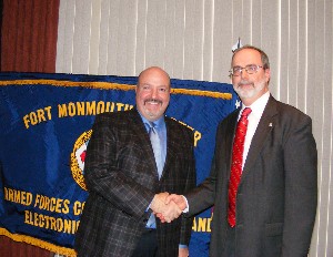 Chuck Strimpler (r), chapter president, thanks Joseph Forino, product director for network operations at Fort Monmouth, New Jersey, for serving as guest speaker at the luncheon in January.